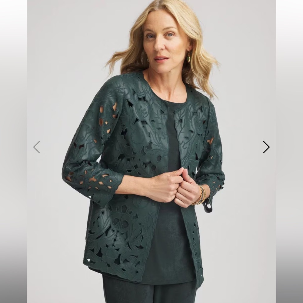 Chico’s Elegant Travelers Collection Faux Leather Floral Jacket Size 3 or XL